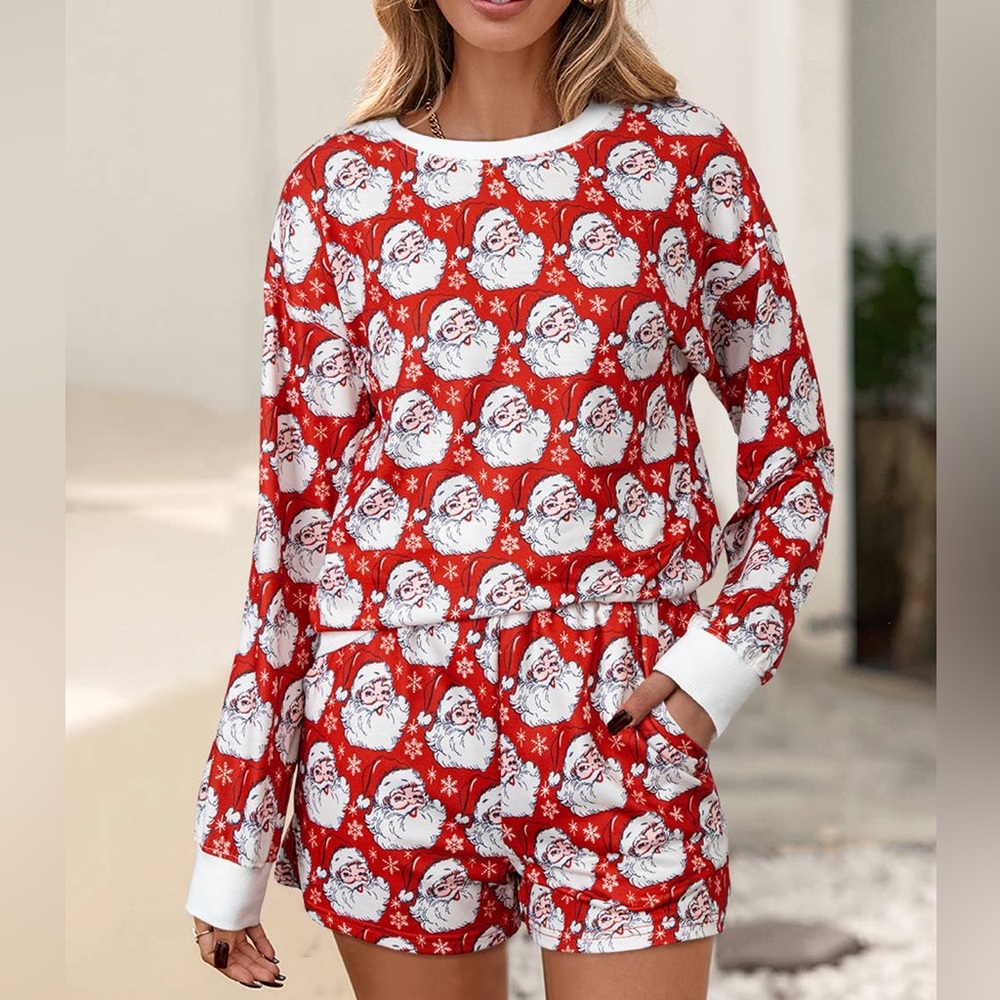 Festive Santa Print Women's Pajama 2 Pc Set
